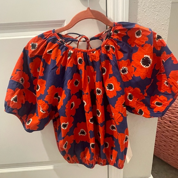 MOTHER Tops - MOTHER Vibrant Red and Navy Floral Crop Top